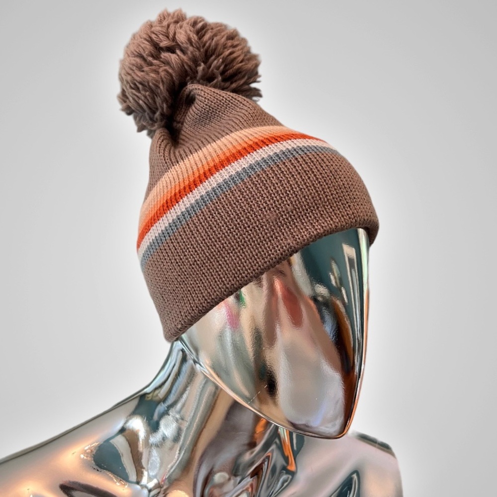 Brown Stripe Pom Beanie Hat - Unbranded